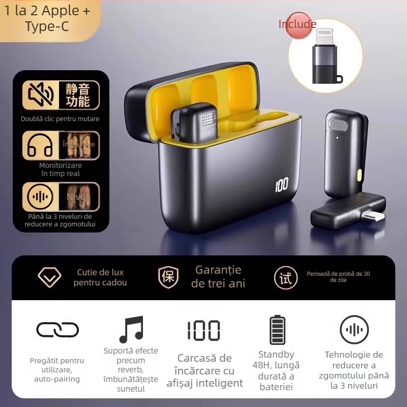 Microfon Lavalier wireless pentru telefon – clip-on, reducere zgomot, model K5-20, comutator direcțional, SNR ≥70 dB, fără baterie încorporată