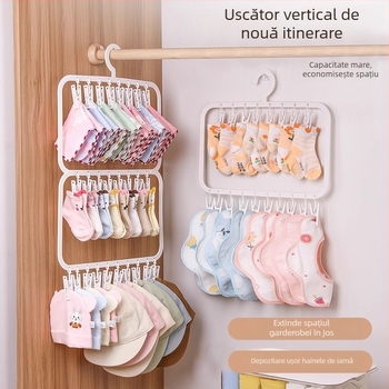 Umeraș pentru bebeluți cu clipsuri multiple — plastic, model 2619; design cu două niveluri cu 18 clipuri și trei niveluri cu 26 clipuri; potrivit pentru haine, pantaloni și cravate