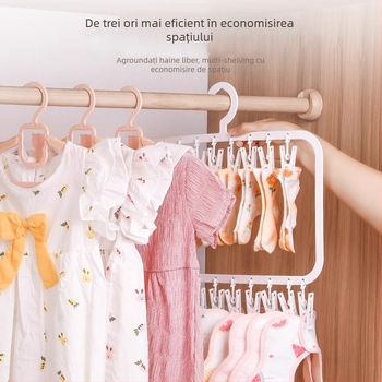 Umeraș pentru bebeluți cu clipsuri multiple — plastic, model 2619; design cu două niveluri cu 18 clipuri și trei niveluri cu 26 clipuri; potrivit pentru haine, pantaloni și cravate