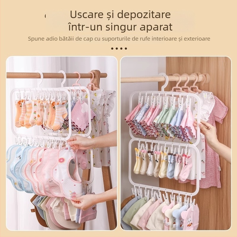 Umeraș pentru bebeluți cu clipsuri multiple — plastic, model 2619; design cu două niveluri cu 18 clipuri și trei niveluri cu 26 clipuri; potrivit pentru haine, pantaloni și cravate