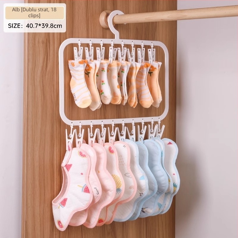 Umeraș pentru bebeluți cu clipsuri multiple — plastic, model 2619; design cu două niveluri cu 18 clipuri și trei niveluri cu 26 clipuri; potrivit pentru haine, pantaloni și cravate