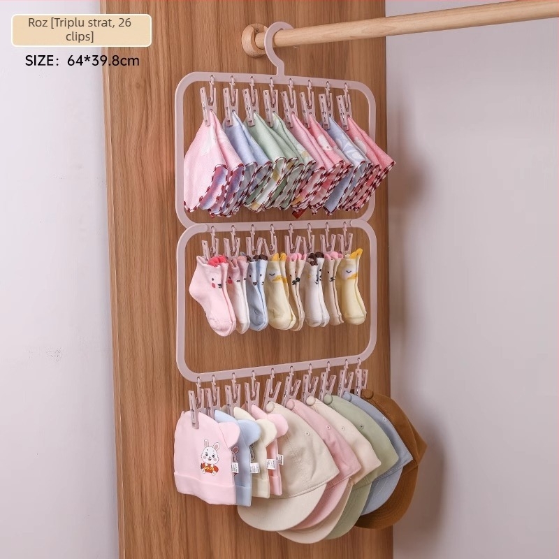 Umeraș pentru bebeluți cu clipsuri multiple — plastic, model 2619; design cu două niveluri cu 18 clipuri și trei niveluri cu 26 clipuri; potrivit pentru haine, pantaloni și cravate