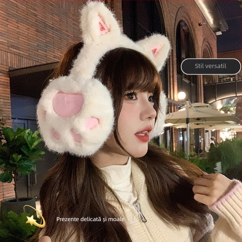 Protecţie urechi din pluș cu labă de pisică pentru femei — calde, rezistente la vânt, căptușite cu fleece (Material: Poliester; Sezon: iarnă/toamnă; Gen: feminin; Model: monocrom)