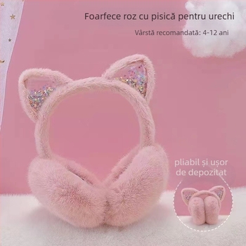 Protecții pentru urechi pentru copii, cu design pisică, căldură de iarnă, căptușite cu fleece, pliabile, blană artificială