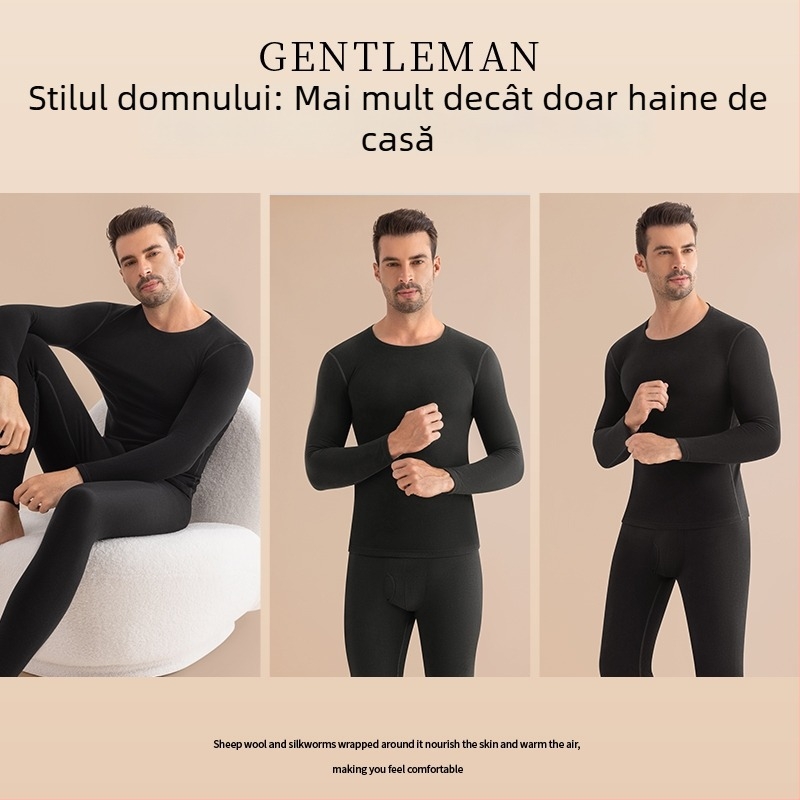 Set de lenjerie termică pentru bărbați, cașmir, extra gros, fără cusături, pulover, croială Slim