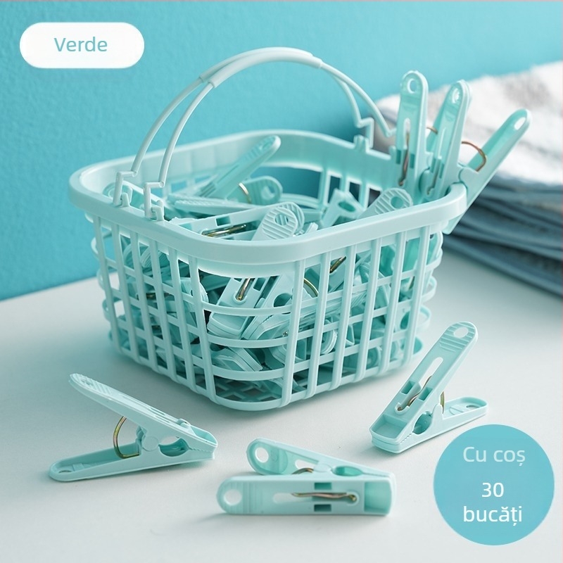Set de 30 clipuri plastice pentru uscat, cu coș de depozitare, pentru pătură, lenjerie, șosete, cămăși și pantaloni