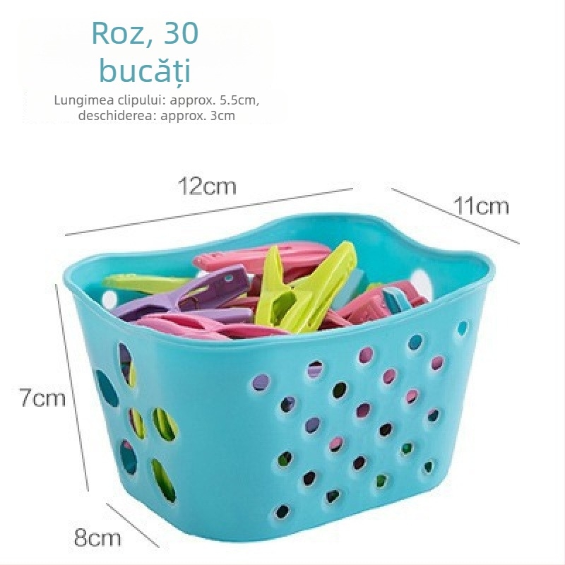Set de 30 clipuri plastice pentru uscat, cu coș de depozitare, pentru pătură, lenjerie, șosete, cămăși și pantaloni