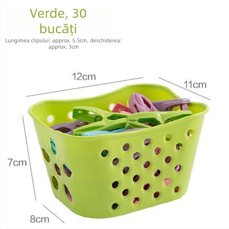 Set de 30 clipuri plastice pentru uscat, cu coș de depozitare, pentru pătură, lenjerie, șosete, cămăși și pantaloni