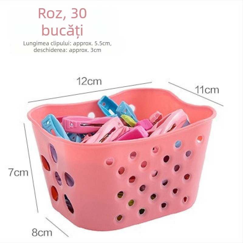 Set de 30 clipuri plastice pentru uscat, cu coș de depozitare, pentru pătură, lenjerie, șosete, cămăși și pantaloni