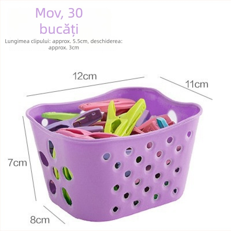 Set de 30 clipuri plastice pentru uscat, cu coș de depozitare, pentru pătură, lenjerie, șosete, cămăși și pantaloni