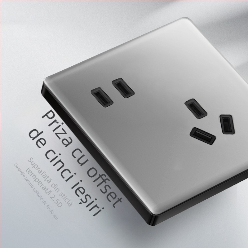 Priză USB ascunsă cu întrerupător din sticlă temperată, tip 86, LED, montaj 60x60 mm, contacte din bronz tin-fosfor