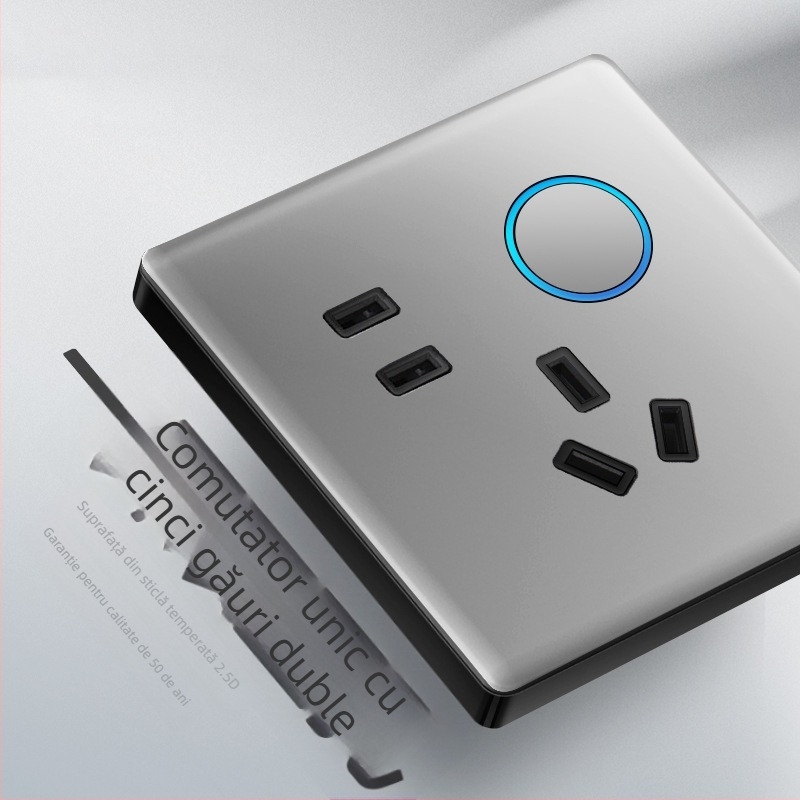 Priză USB ascunsă cu întrerupător din sticlă temperată, tip 86, LED, montaj 60x60 mm, contacte din bronz tin-fosfor