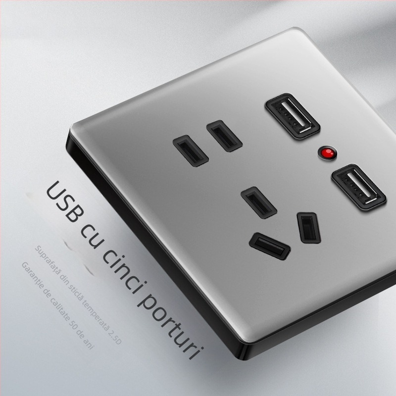 Priză USB ascunsă cu întrerupător din sticlă temperată, tip 86, LED, montaj 60x60 mm, contacte din bronz tin-fosfor