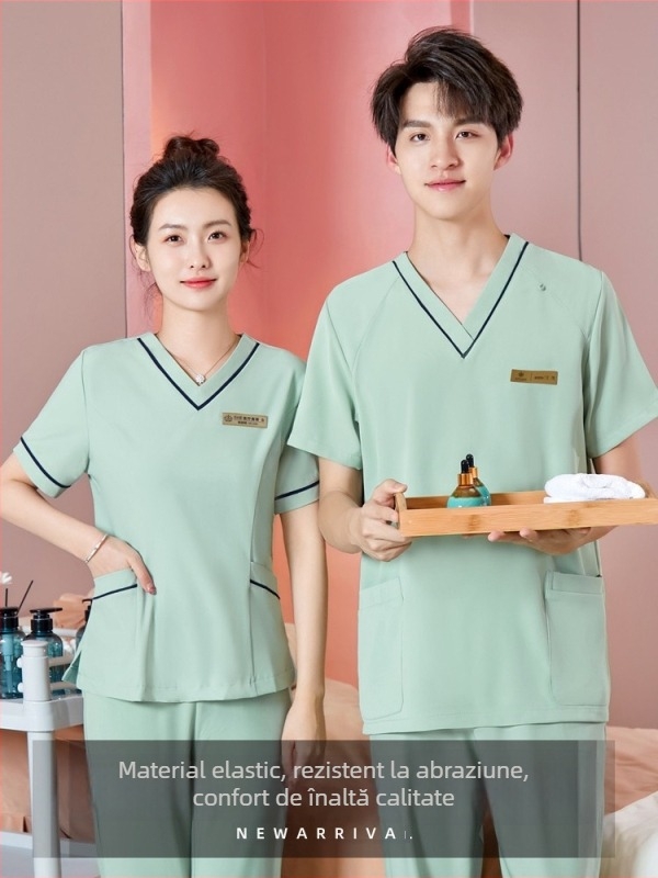 Set de lucru unisex pentru tehnicieni în frumusețe, protecție împotriva radiațiilor, țesătură poliester-spandex, mâneci lungi, decolteu în V