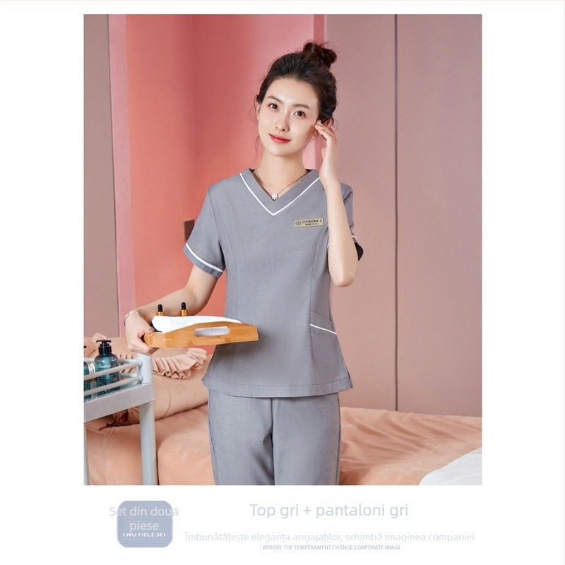 Set de lucru unisex pentru tehnicieni în frumusețe, protecție împotriva radiațiilor, țesătură poliester-spandex, mâneci lungi, decolteu în V