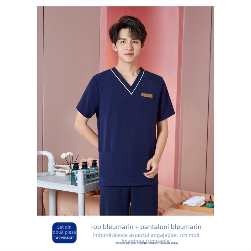 Set de lucru unisex pentru tehnicieni în frumusețe, protecție împotriva radiațiilor, țesătură poliester-spandex, mâneci lungi, decolteu în V