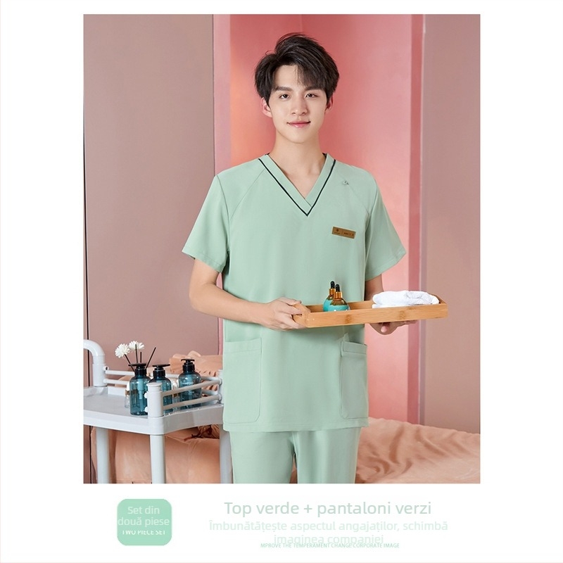 Set de lucru unisex pentru tehnicieni în frumusețe, protecție împotriva radiațiilor, țesătură poliester-spandex, mâneci lungi, decolteu în V