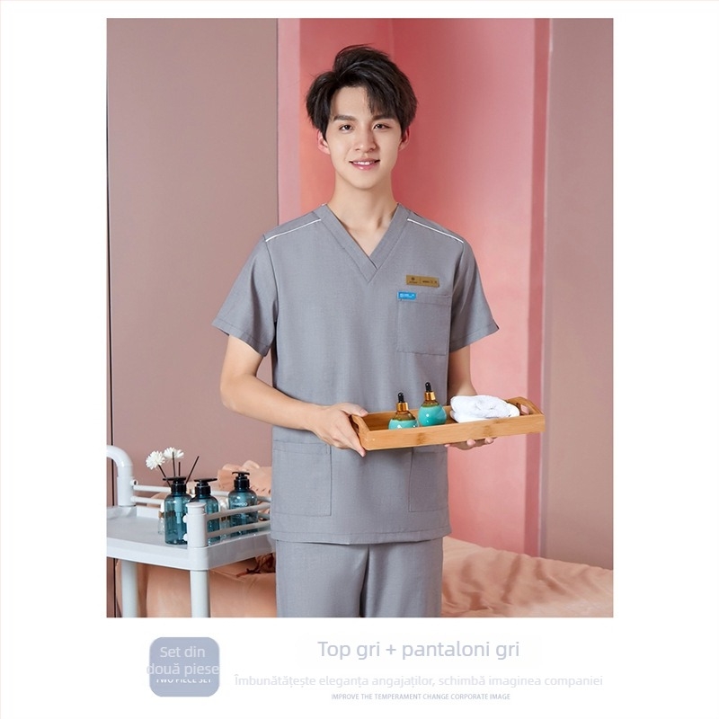 Set de lucru unisex pentru tehnicieni în frumusețe, protecție împotriva radiațiilor, țesătură poliester-spandex, mâneci lungi, decolteu în V