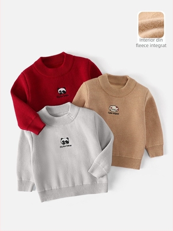 Pulover de iarnă pentru copii, velur tricotat, gros, cu logo brodat; tricot de bumbac (58,2% bumbac), guler rotund, mâneci lungi