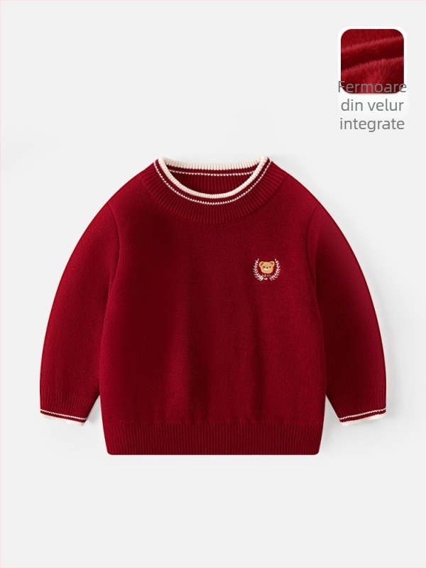 Pulover de iarnă pentru copii, velur tricotat, gros, cu logo brodat; tricot de bumbac (58,2% bumbac), guler rotund, mâneci lungi