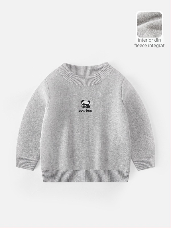 Pulover de iarnă pentru copii, velur tricotat, gros, cu logo brodat; tricot de bumbac (58,2% bumbac), guler rotund, mâneci lungi