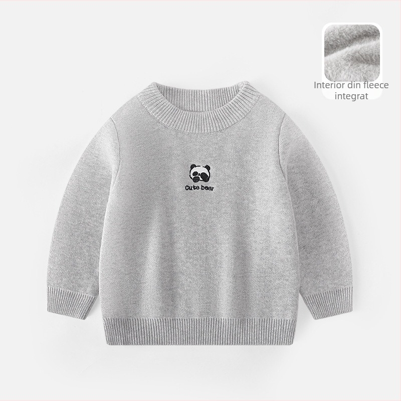 Pulover de iarnă pentru copii, velur tricotat, gros, cu logo brodat; tricot de bumbac (58,2% bumbac), guler rotund, mâneci lungi