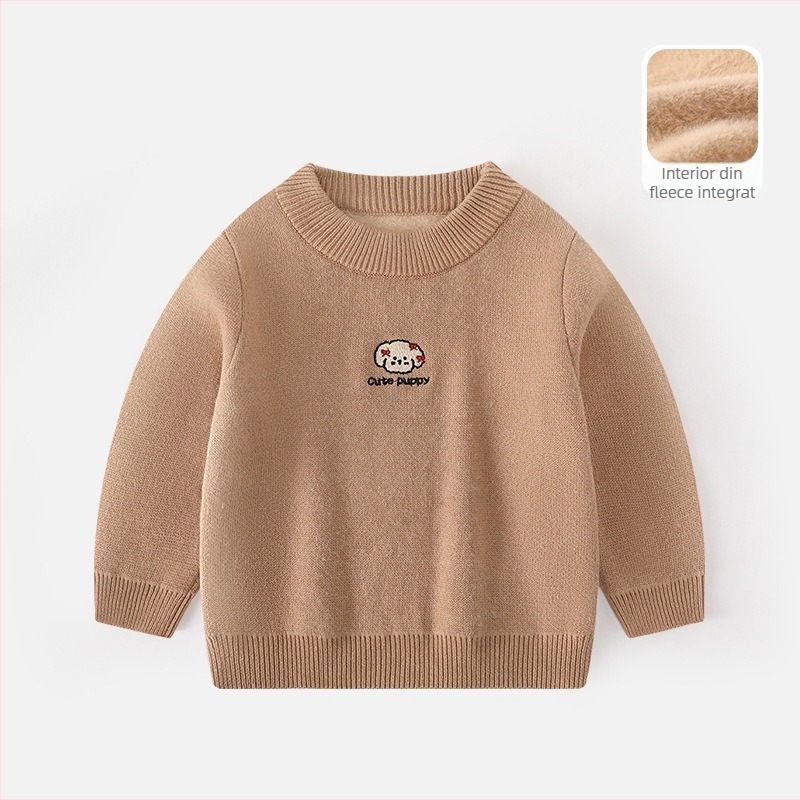 Pulover de iarnă pentru copii, velur tricotat, gros, cu logo brodat; tricot de bumbac (58,2% bumbac), guler rotund, mâneci lungi