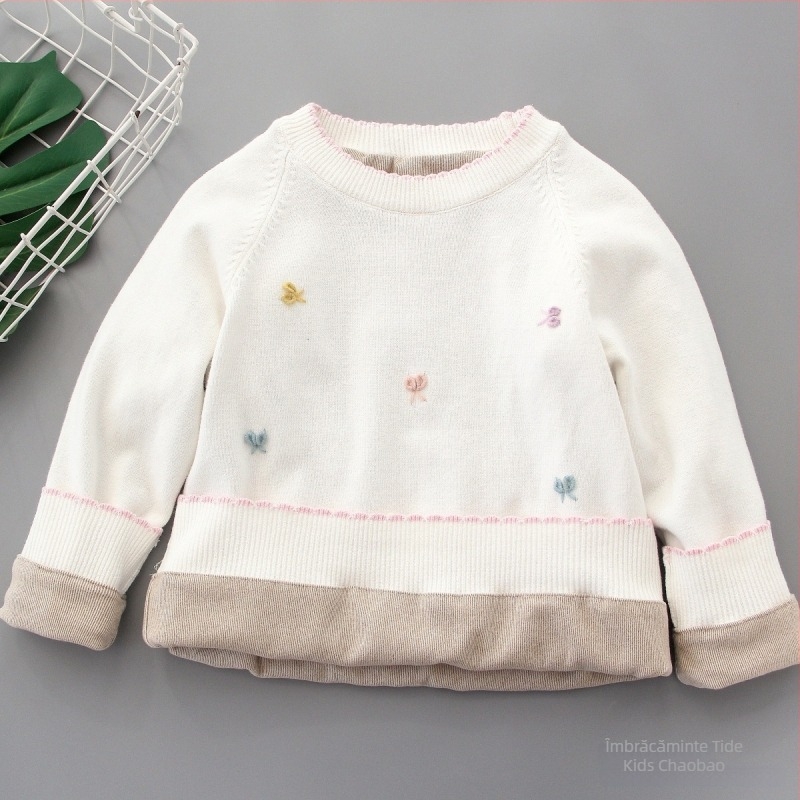 Pulover tricotat pentru copii, unicolor, guler rotund, mâneci lungi, material din blană de iepure, lansare primăvara 2025