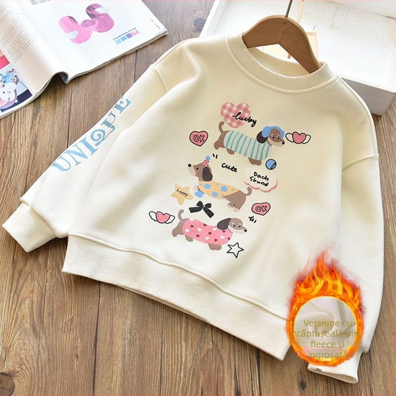 Bluza-pulover pentru fete cu imprimeu desen animat, bumbac catifelat, grosime mare, mâneci lungi