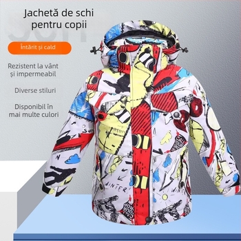 Geacă de schi pentru copii: respirabilă, impermeabilă, rezistentă la vânt, caldă, durabilă; material: amestec de fibre chimice; căptușeală: poliester; umplutură: PP bumbac