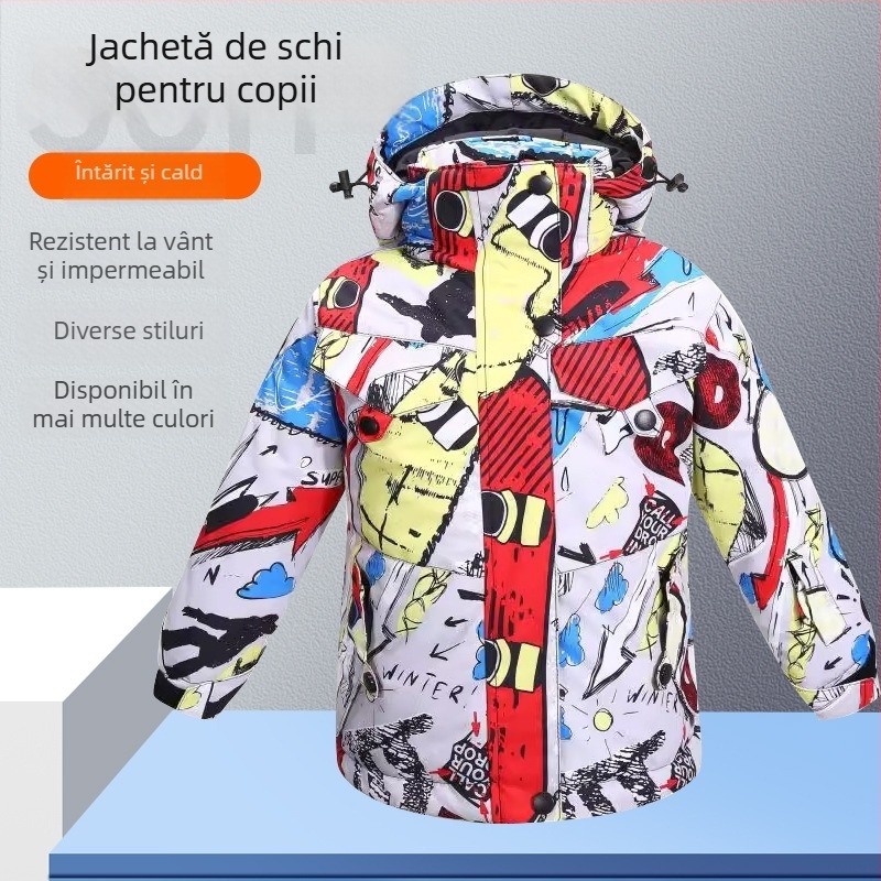 Geacă de schi pentru copii: respirabilă, impermeabilă, rezistentă la vânt, caldă, durabilă; material: amestec de fibre chimice; căptușeală: poliester; umplutură: PP bumbac