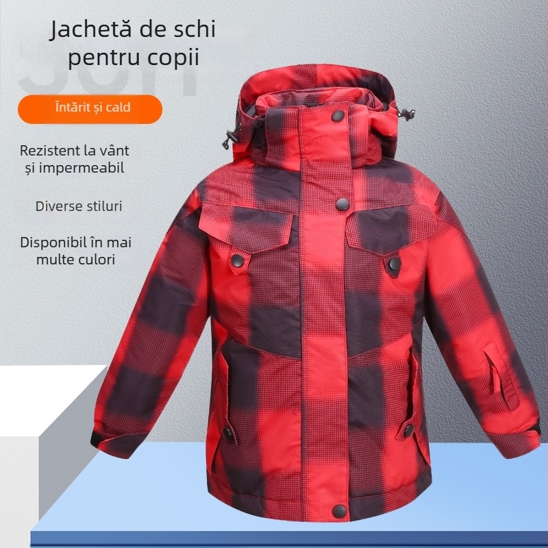 Geacă de schi pentru copii: respirabilă, impermeabilă, rezistentă la vânt, caldă, durabilă; material: amestec de fibre chimice; căptușeală: poliester; umplutură: PP bumbac