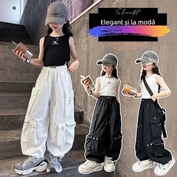 Set de vară pentru fete, două piese: veste fără mâneci și pantaloni cargo-harem, 70% bumbac, model cu litere, stil coreean