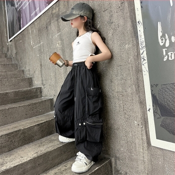 Set de vară pentru fete, două piese: veste fără mâneci și pantaloni cargo-harem, 70% bumbac, model cu litere, stil coreean