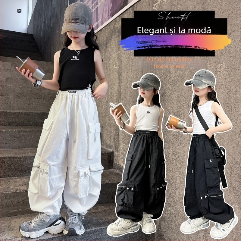 Set de vară pentru fete, două piese: veste fără mâneci și pantaloni cargo-harem, 70% bumbac, model cu litere, stil coreean