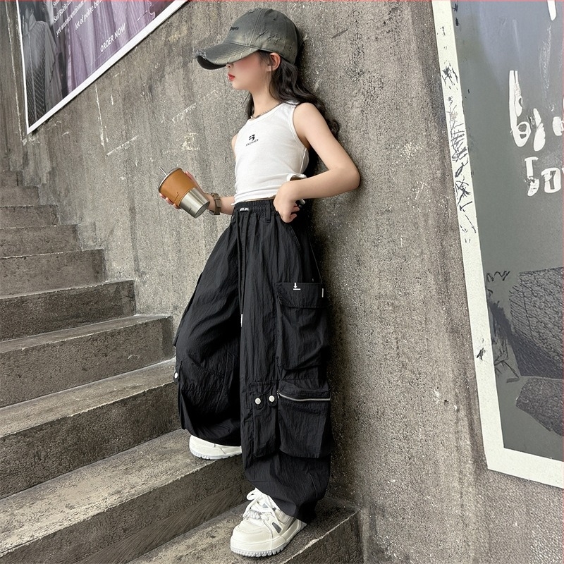 Set de vară pentru fete, două piese: veste fără mâneci și pantaloni cargo-harem, 70% bumbac, model cu litere, stil coreean