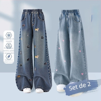 Pantaloni din denim pentru fetițe, largi, căptuți cu fleece, talie elastică, material îngroșat, pentru 1-3 ani