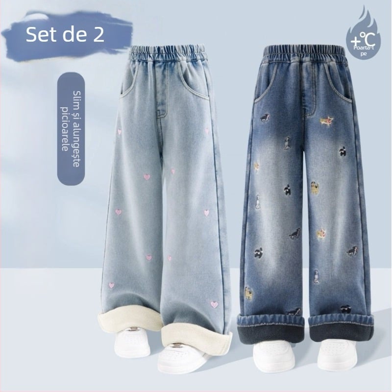 Pantaloni din denim pentru fetițe, largi, căptuți cu fleece, talie elastică, material îngroșat, pentru 1-3 ani
