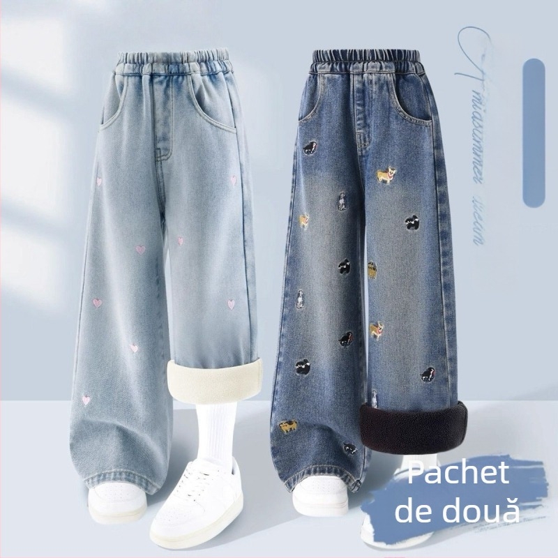 Pantaloni din denim pentru fetițe, largi, căptuți cu fleece, talie elastică, material îngroșat, pentru 1-3 ani