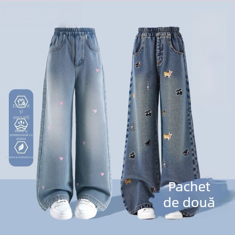 Pantaloni din denim pentru fetițe, largi, căptuți cu fleece, talie elastică, material îngroșat, pentru 1-3 ani