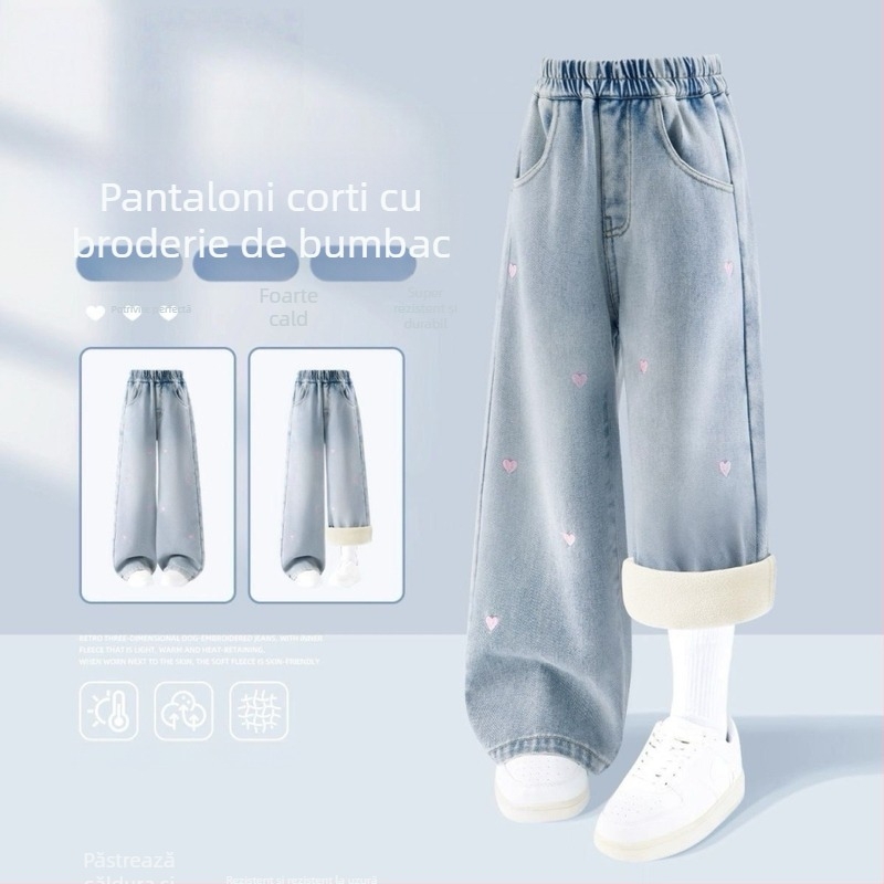 Pantaloni din denim pentru fetițe, largi, căptuți cu fleece, talie elastică, material îngroșat, pentru 1-3 ani