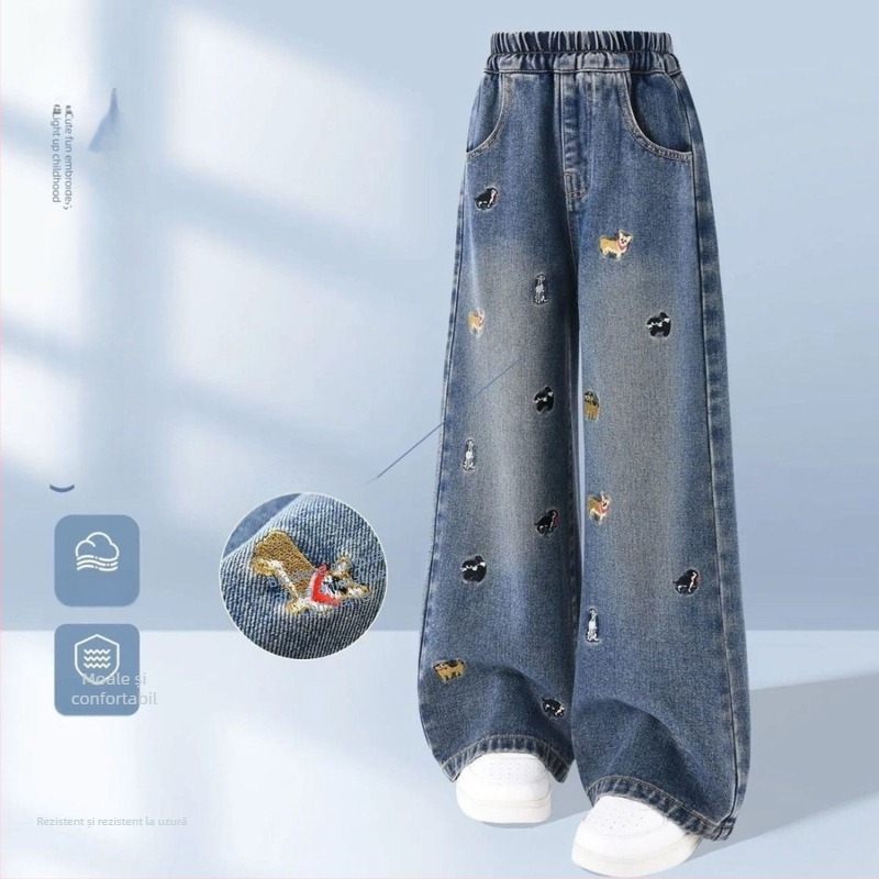 Pantaloni din denim pentru fetițe, largi, căptuți cu fleece, talie elastică, material îngroșat, pentru 1-3 ani