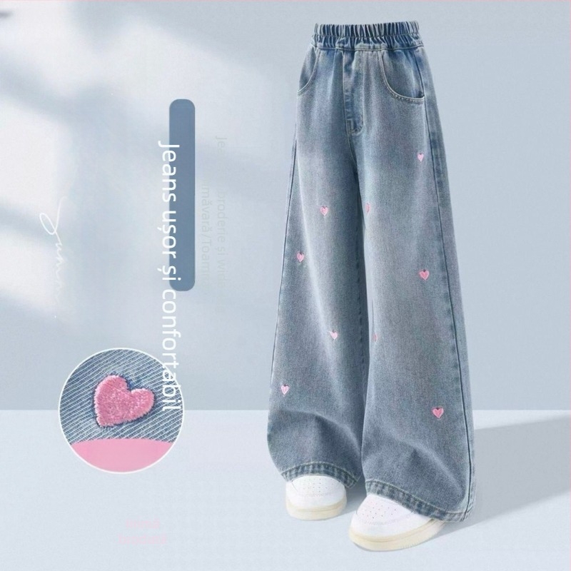 Pantaloni din denim pentru fetițe, largi, căptuți cu fleece, talie elastică, material îngroșat, pentru 1-3 ani