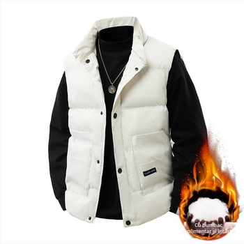 Vesta fără mâneci pentru bărbați, cu guler înalt, croială lejeră, umplutură și căptușeală din poliester, buzunare laterale, potrivită pentru purtare zilnică toamnă-iarna