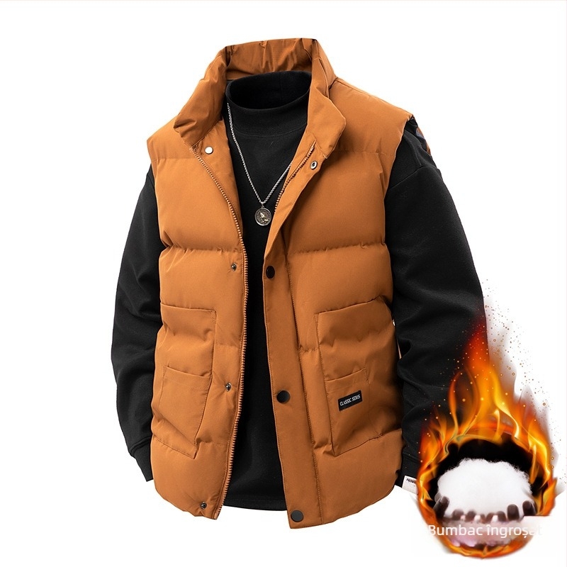 Vesta fără mâneci pentru bărbați, cu guler înalt, croială lejeră, umplutură și căptușeală din poliester, buzunare laterale, potrivită pentru purtare zilnică toamnă-iarna