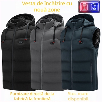 Vestă încălzită cu glugă - încălzire în nouă zone cu grafen, control dual, fermoar frontal, guler înalt