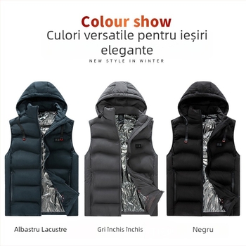 Vestă încălzită cu glugă - încălzire în nouă zone cu grafen, control dual, fermoar frontal, guler înalt