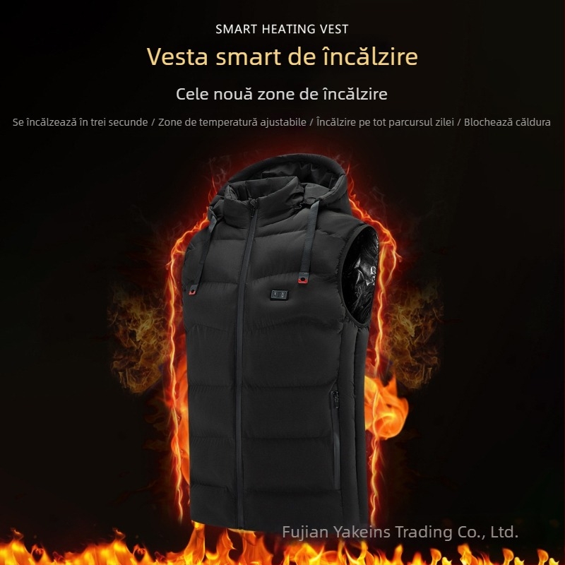 Vestă încălzită cu glugă - încălzire în nouă zone cu grafen, control dual, fermoar frontal, guler înalt