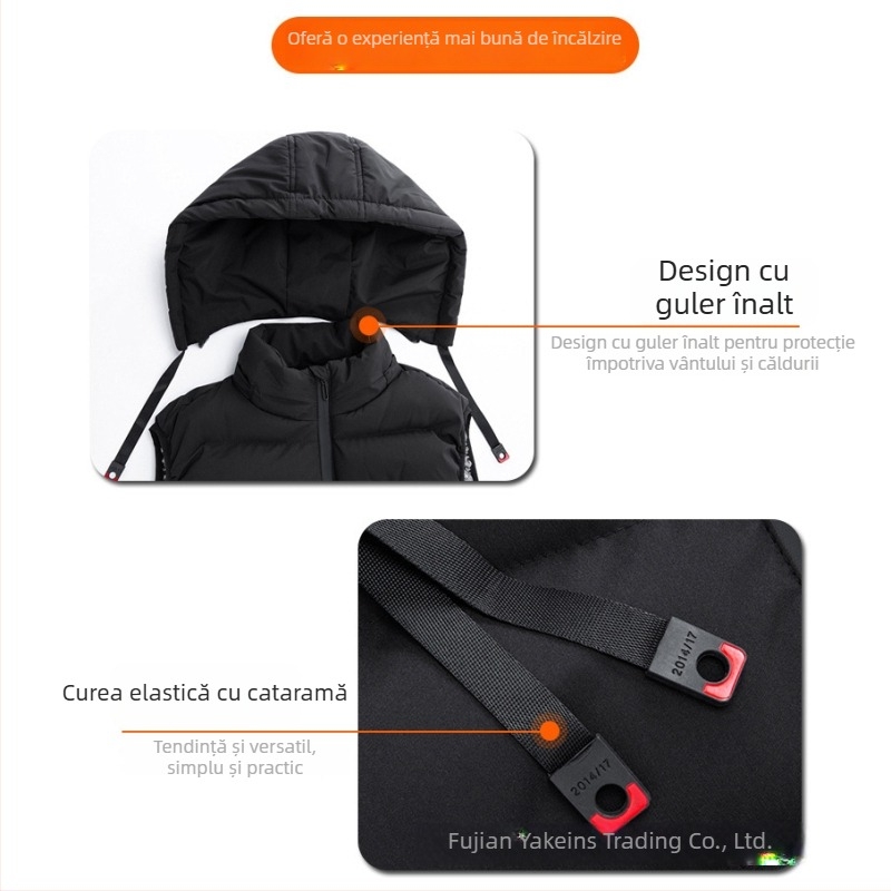 Vestă încălzită cu glugă - încălzire în nouă zone cu grafen, control dual, fermoar frontal, guler înalt