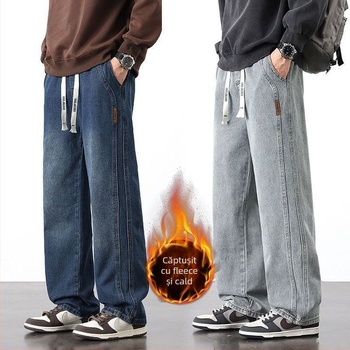Blugi denim pentru bărbați cu căptușeală de fleece, croială lejeră, drept, talie medie, închidere cu șnur, 85% bumbac